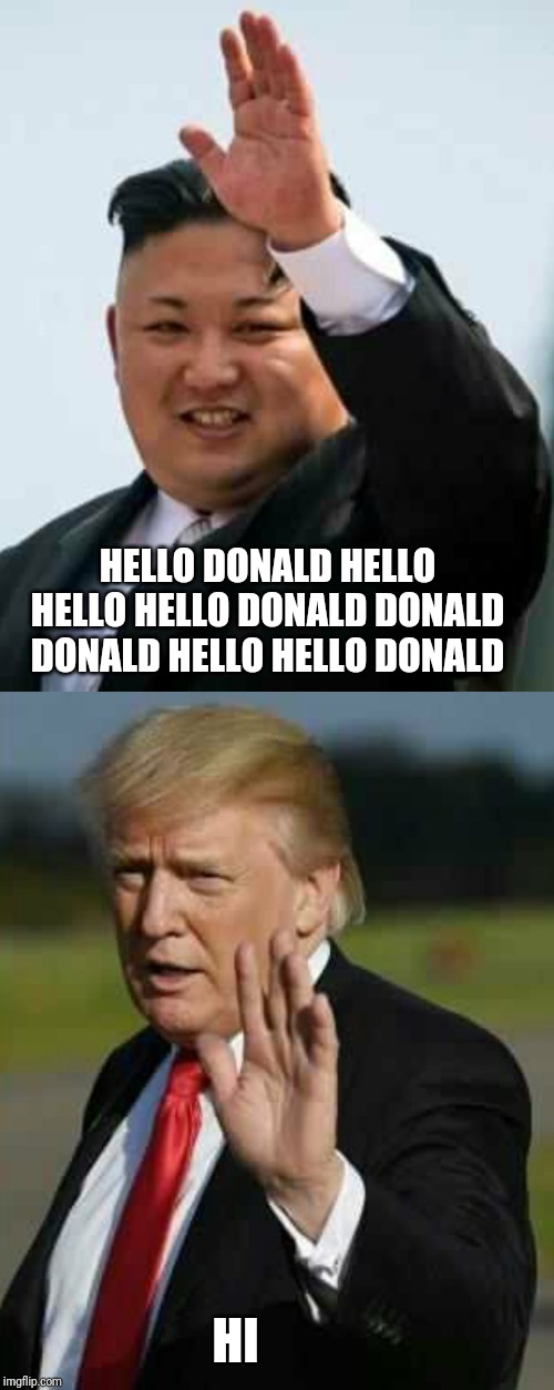 Hello Donald | HELLO DONALD HELLO HELLO HELLO DONALD DONALD DONALD HELLO HELLO DONALD; HI | image tagged in kim jong un,donald trump,north korea,america | made w/ Imgflip meme maker
