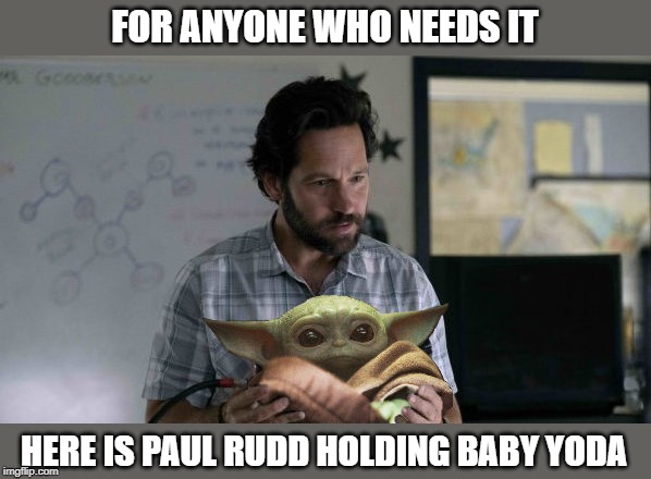FOR ANYONE WHO NEEDS IT; HERE IS PAUL RUDD HOLDING BABY YODA | image tagged in baby yoda,ghostbusters | made w/ Imgflip meme maker