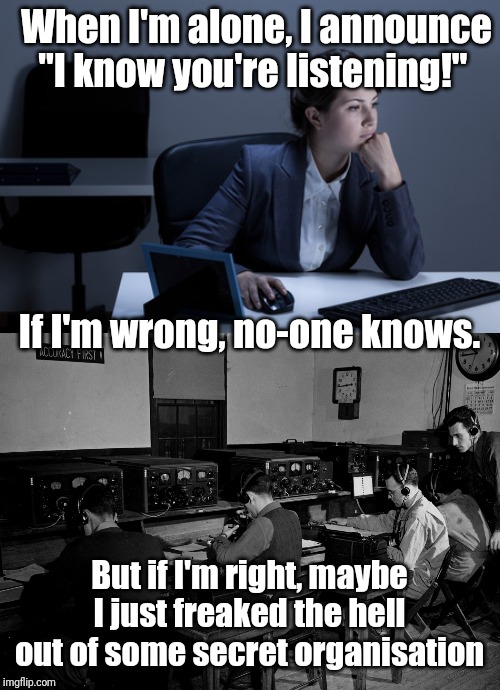 It's not paranoia if they really are spying on you. |  When I'm alone, I announce "I know you're listening!"; If I'm wrong, no-one knows. But if I'm right, maybe I just freaked the hell out of some secret organisation | image tagged in work,spies | made w/ Imgflip meme maker