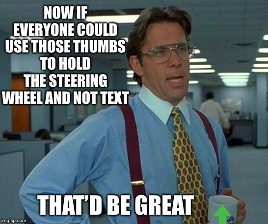 That Would Be Great Meme | NOW IF EVERYONE COULD USE THOSE THUMBS TO HOLD THE STEERING WHEEL AND NOT TEXT THAT’D BE GREAT | image tagged in memes,that would be great | made w/ Imgflip meme maker