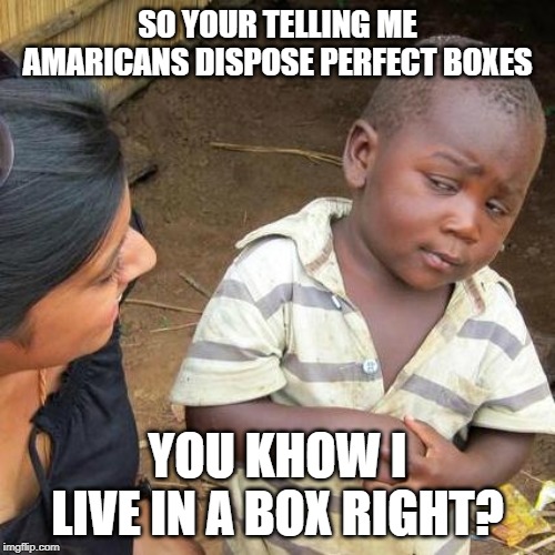 Third World Skeptical Kid Meme | SO YOUR TELLING ME AMARICANS DISPOSE PERFECT BOXES; YOU KHOW I LIVE IN A BOX RIGHT? | image tagged in memes,third world skeptical kid | made w/ Imgflip meme maker