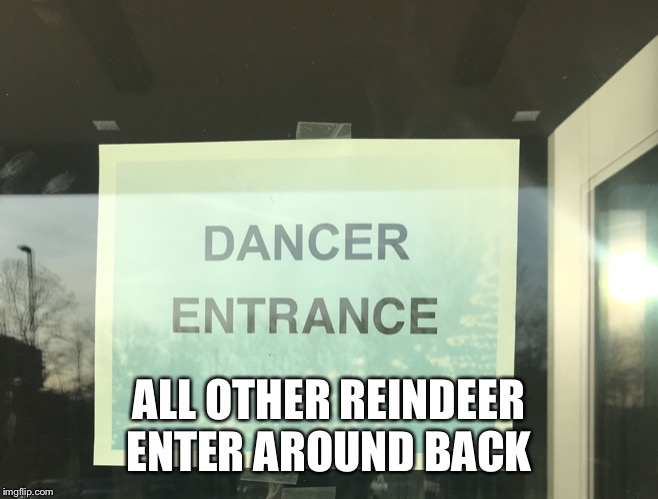 Reindeer entrance | ALL OTHER REINDEER ENTER AROUND BACK | image tagged in reindeer entrance | made w/ Imgflip meme maker