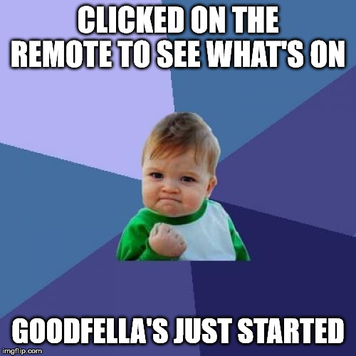 Success Kid | CLICKED ON THE REMOTE TO SEE WHAT'S ON; GOODFELLA'S JUST STARTED | image tagged in memes,success kid | made w/ Imgflip meme maker