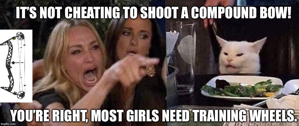 woman yelling at cat | IT’S NOT CHEATING TO SHOOT A COMPOUND BOW! YOU’RE RIGHT, MOST GIRLS NEED TRAINING WHEELS. | image tagged in woman yelling at cat,archery,compoundbow | made w/ Imgflip meme maker