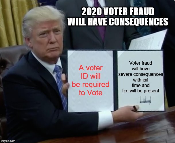 A different ballgame | 2020 VOTER FRAUD WILL HAVE CONSEQUENCES; Voter fraud will have severe consequences with jail time and Ice will be present; A voter ID will be required to Vote | image tagged in memes,trump bill signing,political memes | made w/ Imgflip meme maker