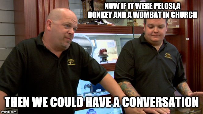 Pawn Stars Best I Can Do | NOW IF IT WERE PELOSI,A DONKEY AND A WOMBAT IN CHURCH THEN WE COULD HAVE A CONVERSATION | image tagged in pawn stars best i can do | made w/ Imgflip meme maker