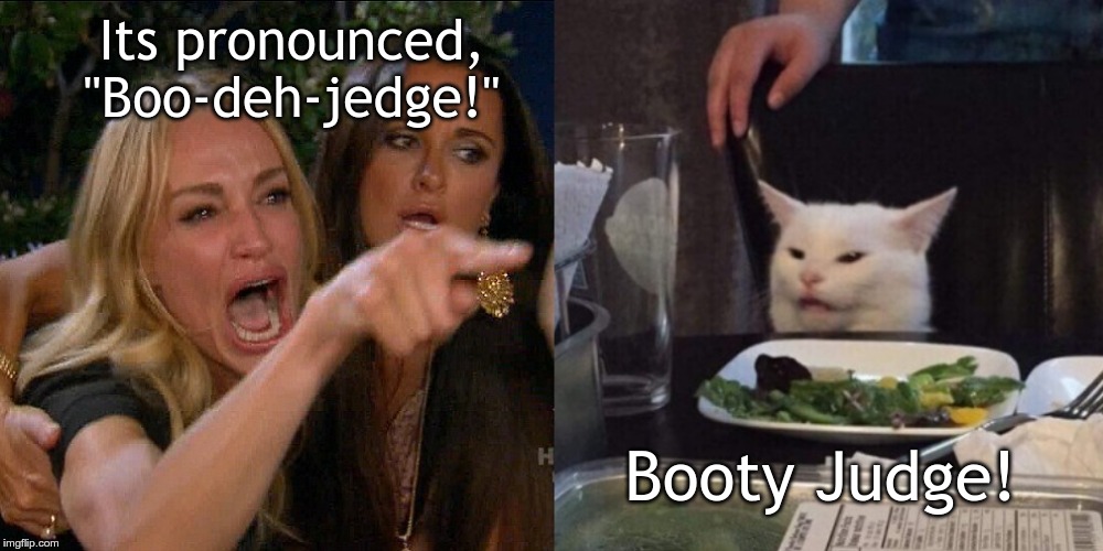 Woman yelling at cat | Its pronounced, "Boo-deh-jedge!"; Booty Judge! | image tagged in woman yelling at cat | made w/ Imgflip meme maker