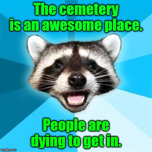 Lame Pun Coon | The cemetery is an awesome place. People are dying to get in. | image tagged in memes,lame pun coon | made w/ Imgflip meme maker