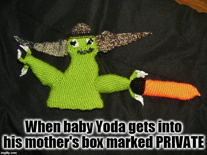 When baby Yoda gets into his mother's box marked PRIVATE | image tagged in baby yoda,vibrator | made w/ Imgflip meme maker