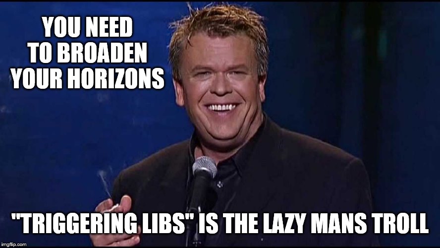 Ron White | YOU NEED TO BROADEN YOUR HORIZONS "TRIGGERING LIBS" IS THE LAZY MANS TROLL | image tagged in ron white | made w/ Imgflip meme maker