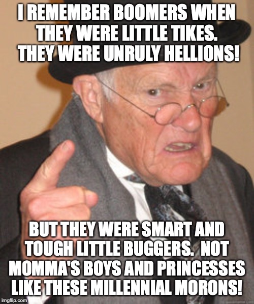 Tell it like it is grandpa! | I REMEMBER BOOMERS WHEN THEY WERE LITTLE TIKES.  THEY WERE UNRULY HELLIONS! BUT THEY WERE SMART AND TOUGH LITTLE BUGGERS.  NOT MOMMA'S BOYS AND PRINCESSES LIKE THESE MILLENNIAL MORONS! | image tagged in memes,back in my day | made w/ Imgflip meme maker