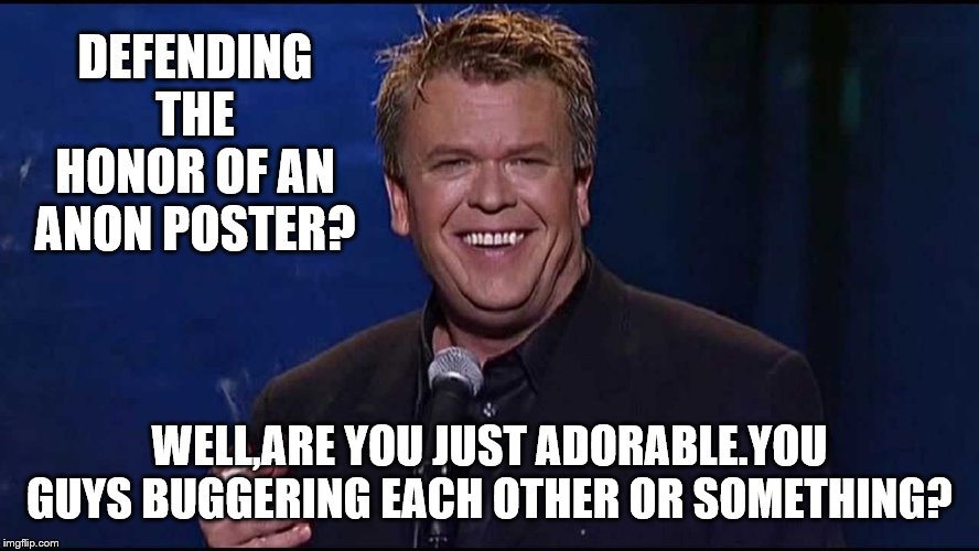Ron White | DEFENDING THE HONOR OF AN ANON POSTER? WELL,ARE YOU JUST ADORABLE.YOU GUYS BUGGERING EACH OTHER OR SOMETHING? | image tagged in ron white | made w/ Imgflip meme maker