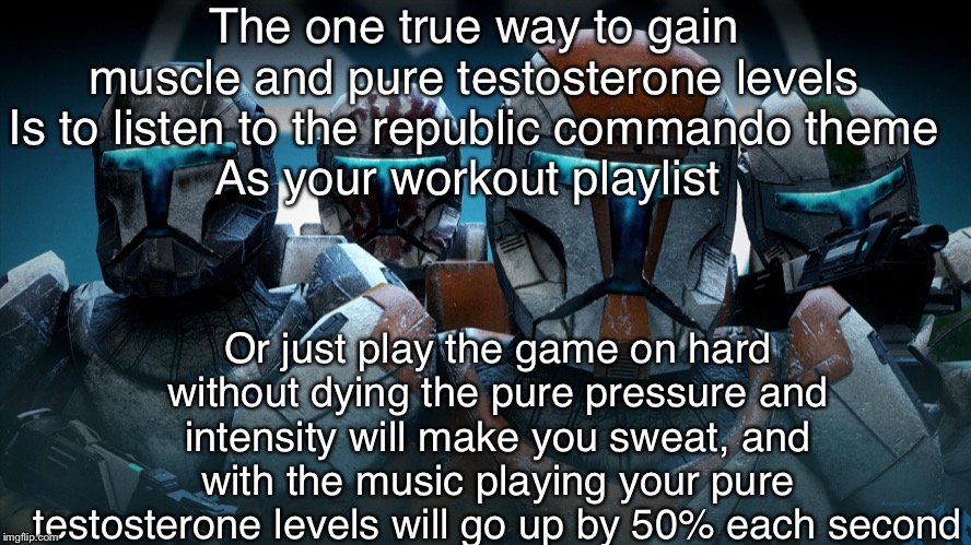 50% | The one true way to gain muscle and pure testosterone levels
Is to listen to the republic commando theme
As your workout playlist; Or just play the game on hard without dying the pure pressure and intensity will make you sweat, and with the music playing your pure testosterone levels will go up by 50% each second | image tagged in facts | made w/ Imgflip meme maker
