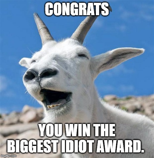 Laughing Goat Meme | CONGRATS YOU WIN THE BIGGEST IDIOT AWARD. | image tagged in memes,laughing goat | made w/ Imgflip meme maker