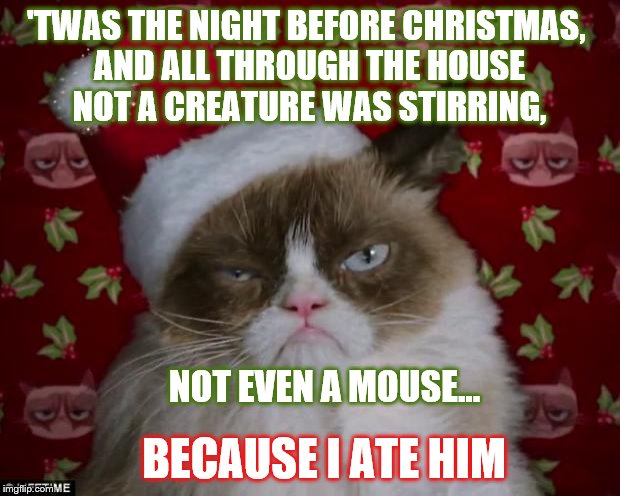 Grumpy Cat Christmas | 'TWAS THE NIGHT BEFORE CHRISTMAS, 
AND ALL THROUGH THE HOUSE
 NOT A CREATURE WAS STIRRING, NOT EVEN A MOUSE... BECAUSE I ATE HIM | image tagged in grumpy cat christmas | made w/ Imgflip meme maker