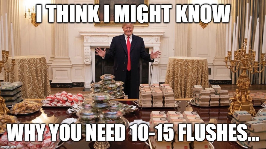 Trump Burger | I THINK I MIGHT KNOW; WHY YOU NEED 10-15 FLUSHES... | image tagged in trump burger | made w/ Imgflip meme maker