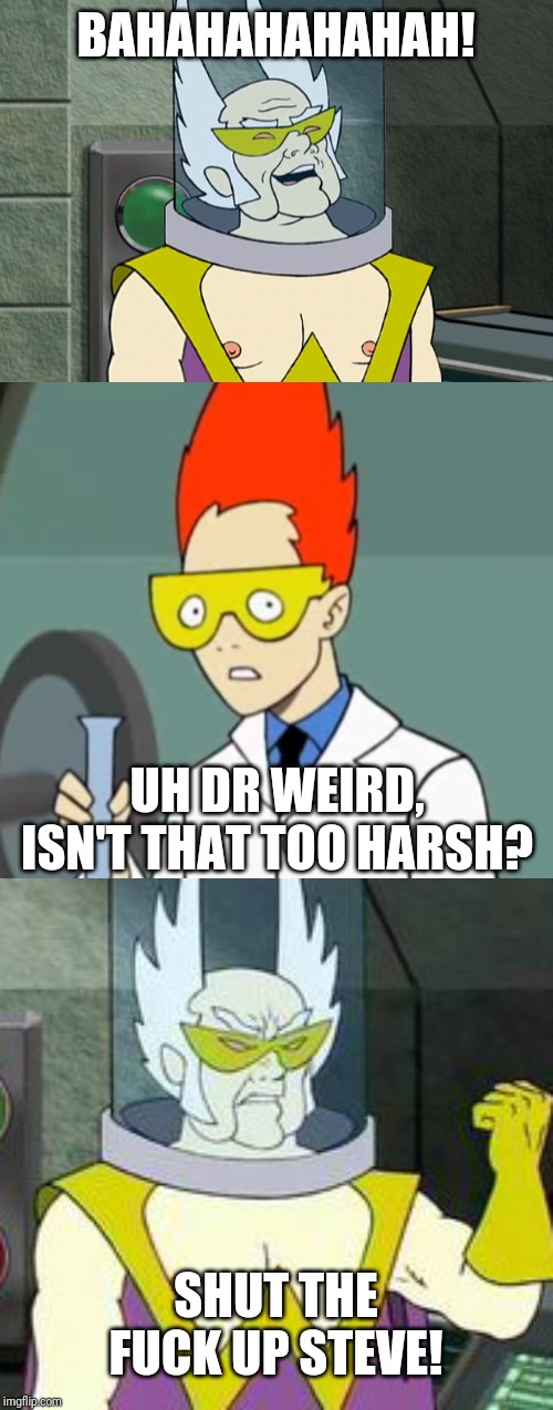 BAHAHAHAHAHAH! UH DR WEIRD, ISN'T THAT TOO HARSH? SHUT THE F**K UP STEVE! | image tagged in steve,dr weird | made w/ Imgflip meme maker