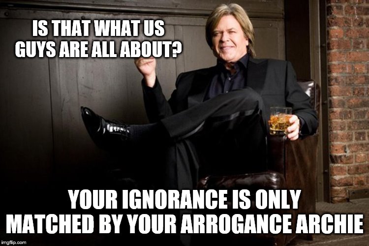Ron White | IS THAT WHAT US GUYS ARE ALL ABOUT? YOUR IGNORANCE IS ONLY MATCHED BY YOUR ARROGANCE ARCHIE | image tagged in ron white | made w/ Imgflip meme maker
