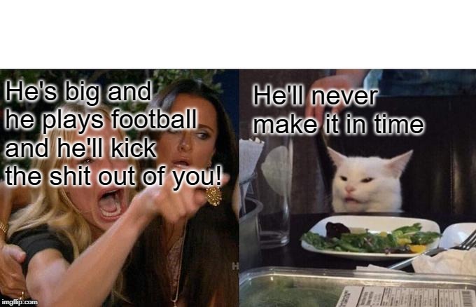 Woman Yelling At Cat | He's big and he plays football and he'll kick the shit out of you! He'll never make it in time | image tagged in memes,woman yelling at cat | made w/ Imgflip meme maker