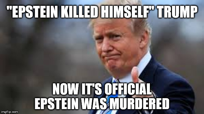 Epstein killed himself, Trump | "EPSTEIN KILLED HIMSELF" TRUMP; NOW IT'S OFFICIAL
EPSTEIN WAS MURDERED | image tagged in trump,donald trump,president trump,donald trump approves,dump trump | made w/ Imgflip meme maker