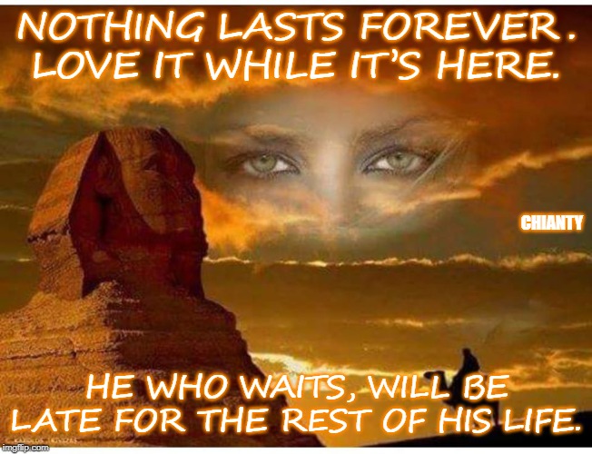 Nothing Lasts | NOTHING LASTS FOREVER. LOVE IT WHILE IT’S HERE. CHIANTY; HE WHO WAITS, WILL BE LATE FOR THE REST OF HIS LIFE. | image tagged in life lessons | made w/ Imgflip meme maker