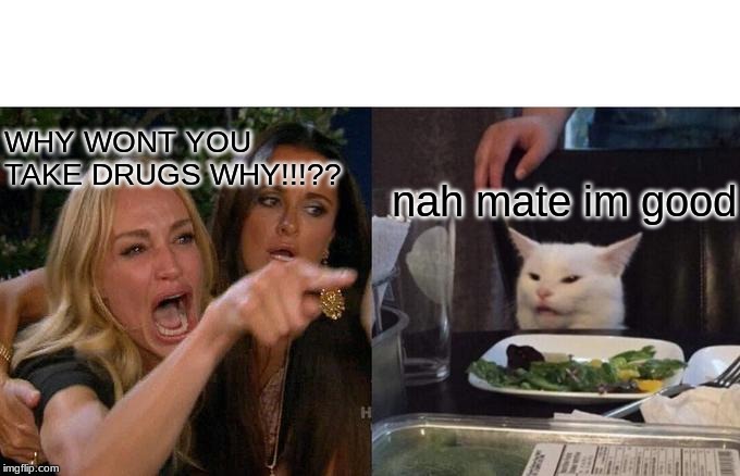 Woman Yelling At Cat Meme | WHY WONT YOU TAKE DRUGS WHY!!!?? nah mate im good | image tagged in memes,woman yelling at cat | made w/ Imgflip meme maker