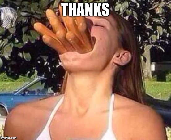 hot dog girl | THANKS | image tagged in hot dog girl | made w/ Imgflip meme maker