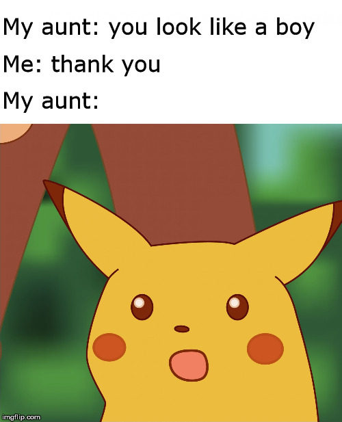 You look like a boy | My aunt: you look like a boy; Me: thank you; My aunt: | image tagged in surprised pikachu high quality,gender,trans,ftm | made w/ Imgflip meme maker