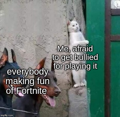 In Fortnite's defense, it's the community that is often very annoying and extremely cringey, not the game itself | Me, afraid to get bullied for playing it; everybody making fun of Fortnite | image tagged in dobermans cat hiding,memes,funny,fortnite | made w/ Imgflip meme maker