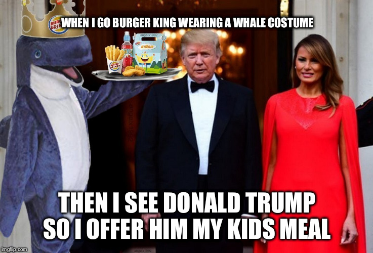 prince of whales | WHEN I GO BURGER KING WEARING A WHALE COSTUME; THEN I SEE DONALD TRUMP SO I OFFER HIM MY KIDS MEAL | image tagged in prince of whales | made w/ Imgflip meme maker