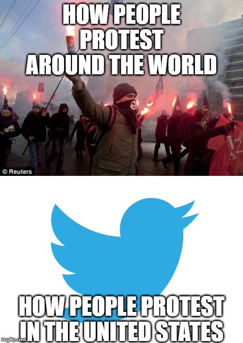 Sad, but true... | HOW PEOPLE PROTEST AROUND THE WORLD; HOW PEOPLE PROTEST IN THE UNITED STATES | image tagged in protest,twitter | made w/ Imgflip meme maker