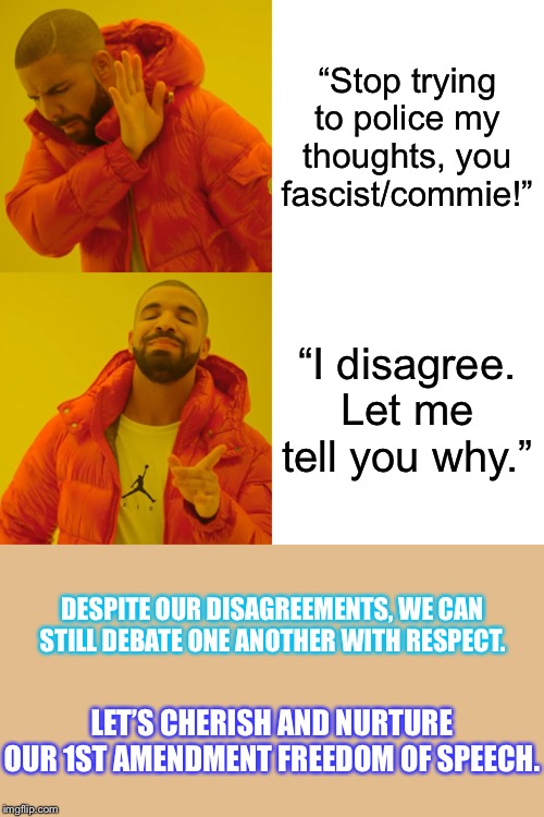 Our 1st Amendment is only as strong as we make it. | “Stop trying to police my thoughts, you fascist/commie!”; “I disagree. Let me tell you why.”; DESPITE OUR DISAGREEMENTS, WE CAN STILL DEBATE ONE ANOTHER WITH RESPECT. LET’S CHERISH AND NURTURE OUR 1ST AMENDMENT FREEDOM OF SPEECH. | image tagged in memes,drake hotline bling,first amendment,respect,free speech,tolerance | made w/ Imgflip meme maker