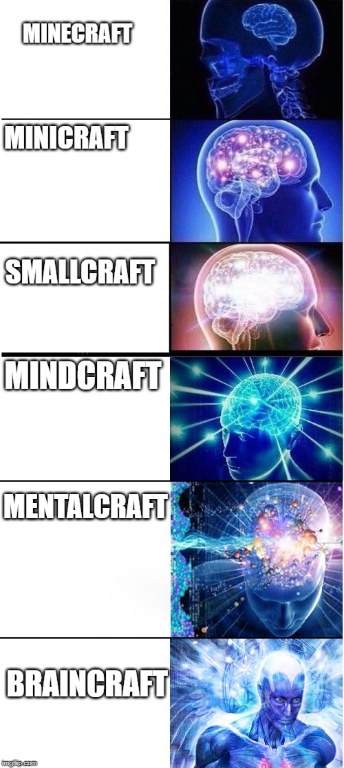 minceraft |  MINECRAFT; MINICRAFT; SMALLCRAFT; MINDCRAFT; MENTALCRAFT; BRAINCRAFT | image tagged in expanding brain extended,minecraft | made w/ Imgflip meme maker