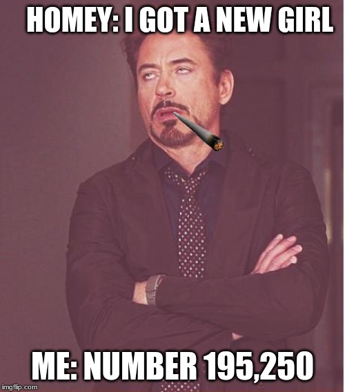 Face You Make Robert Downey Jr | HOMEY: I GOT A NEW GIRL; ME: NUMBER 195,250 | image tagged in memes,face you make robert downey jr | made w/ Imgflip meme maker