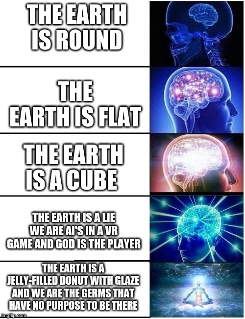 Expanding Brain 5 Panel | THE EARTH IS ROUND; THE EARTH IS FLAT; THE EARTH IS A CUBE; THE EARTH IS A LIE WE ARE AI'S IN A VR GAME AND GOD IS THE PLAYER; THE EARTH IS A JELLY-FILLED DONUT WITH GLAZE AND WE ARE THE GERMS THAT HAVE NO PURPOSE TO BE THERE | image tagged in expanding brain 5 panel | made w/ Imgflip meme maker