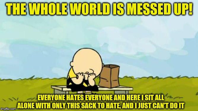 The World Is Just Messed Up, Charlie Brown | THE WHOLE WORLD IS MESSED UP! EVERYONE HATES EVERYONE AND HERE I SIT ALL ALONE WITH ONLY THIS SACK TO HATE, AND I JUST CAN'T DO IT | image tagged in depressed charlie brown,memes | made w/ Imgflip meme maker