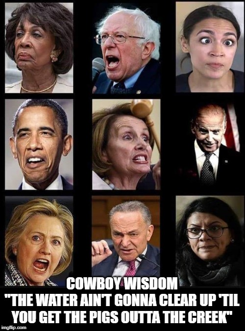 pigs. get rid of the pigs | COWBOY WISDOM
"THE WATER AIN'T GONNA CLEAR UP 'TIL YOU GET THE PIGS OUTTA THE CREEK" | image tagged in democrats,pigs,muddy water,cowboy wisdom | made w/ Imgflip meme maker