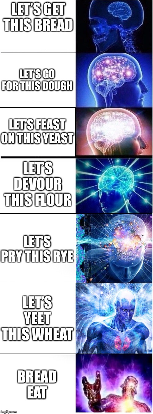 Expanding brain extended 2 | LET’S GET THIS BREAD; LET’S GO FOR THIS DOUGH; LET’S FEAST ON THIS YEAST; LET’S DEVOUR THIS FLOUR; LET’S PRY THIS RYE; LET’S YEET THIS WHEAT; BREAD EAT | image tagged in expanding brain extended 2 | made w/ Imgflip meme maker