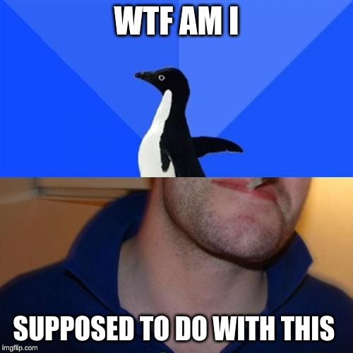 Good Guy Socially Awkward Penguin | WTF AM I; SUPPOSED TO DO WITH THIS | image tagged in memes,good guy socially awkward penguin | made w/ Imgflip meme maker