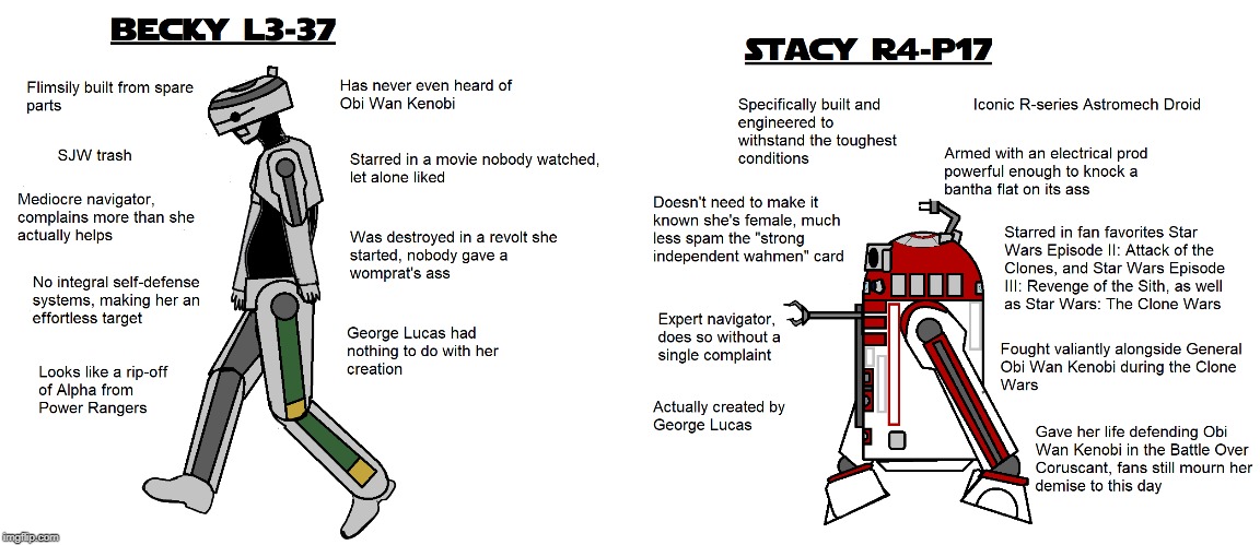 Becky L3-37, Stacy R4-P17 | REEEEEEEEEE | image tagged in virgin vs chad,star wars,solo,l3-37,r4-p17,feminist | made w/ Imgflip meme maker