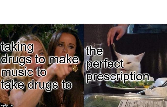 Woman Yelling At Cat Meme | taking drugs to make music to take drugs to the perfect prescription | image tagged in memes,woman yelling at cat | made w/ Imgflip meme maker