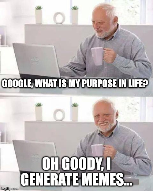 What Is My Purpose? | GOOGLE, WHAT IS MY PURPOSE IN LIFE? OH GOODY, I GENERATE MEMES... | image tagged in memes,hide the pain harold | made w/ Imgflip meme maker