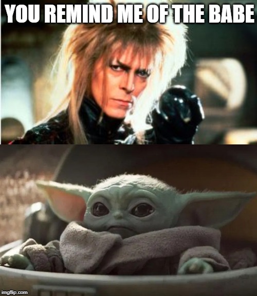 YOU REMIND ME OF THE BABE | image tagged in baby yoda,labyrinth | made w/ Imgflip meme maker