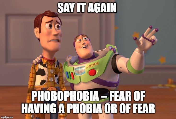 X, X Everywhere Meme | SAY IT AGAIN; PHOBOPHOBIA – FEAR OF HAVING A PHOBIA OR OF FEAR | image tagged in memes,x x everywhere | made w/ Imgflip meme maker