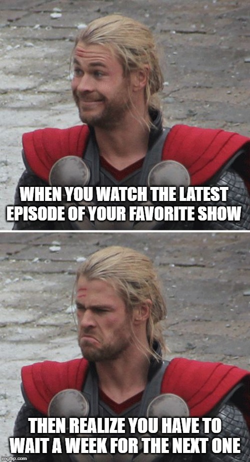 Thor favorite tv show | WHEN YOU WATCH THE LATEST EPISODE OF YOUR FAVORITE SHOW; THEN REALIZE YOU HAVE TO WAIT A WEEK FOR THE NEXT ONE | image tagged in thor happy then sad,memes,marvel | made w/ Imgflip meme maker
