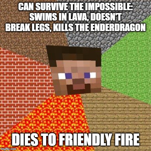 Minecraft Steve | CAN SURVIVE THE IMPOSSIBLE: SWIMS IN LAVA, DOESN'T BREAK LEGS, KILLS THE ENDERDRAGON; DIES TO FRIENDLY FIRE | image tagged in minecraft steve | made w/ Imgflip meme maker