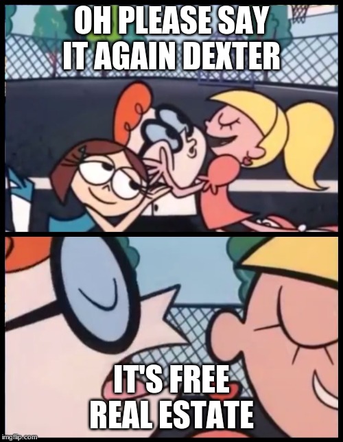 Say it Again, Dexter Meme | OH PLEASE SAY IT AGAIN DEXTER; IT'S FREE REAL ESTATE | image tagged in memes,say it again dexter | made w/ Imgflip meme maker