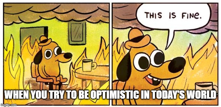 This Is Fine | WHEN YOU TRY TO BE OPTIMISTIC IN TODAY'S WORLD | image tagged in this is fine dog | made w/ Imgflip meme maker