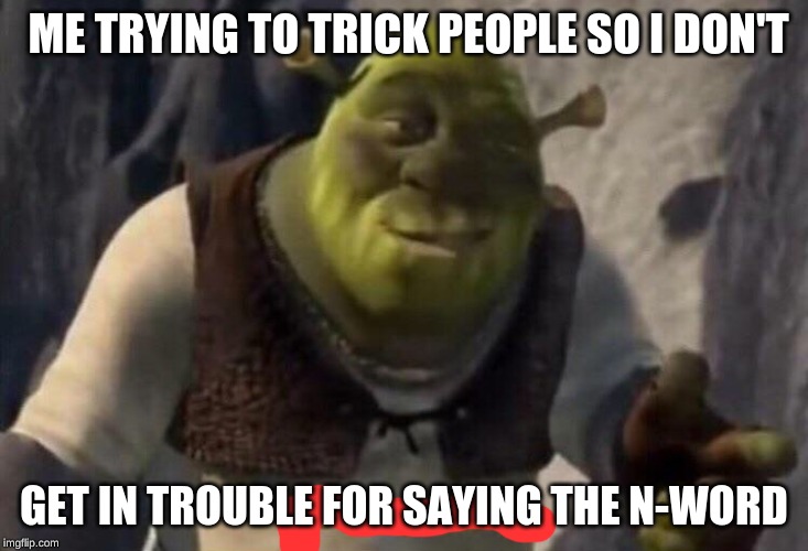 Shrek good question | ME TRYING TO TRICK PEOPLE SO I DON'T; GET IN TROUBLE FOR SAYING THE N-WORD | image tagged in shrek good question | made w/ Imgflip meme maker