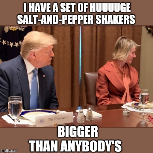 Huuuge | I HAVE A SET OF HUUUUGE
SALT-AND-PEPPER SHAKERS; BIGGER THAN ANYBODY'S | image tagged in donald trump | made w/ Imgflip meme maker